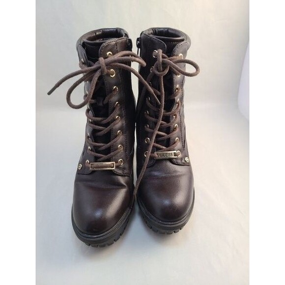 Guess Lace-Up Combat Boots Size 5.5 Brown Heeled Ankle Booties Gold Hardware - Picture 3 of 7